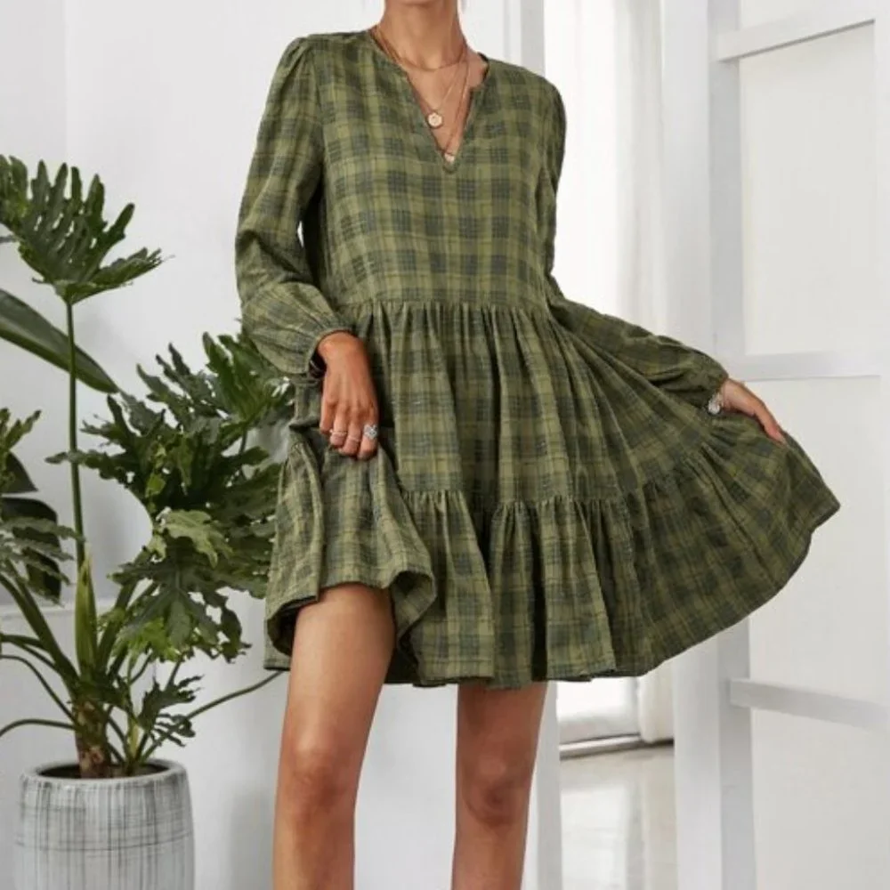 Plaid ruffle hem lantern sleeve dress GREEN - Picture 3 of 6